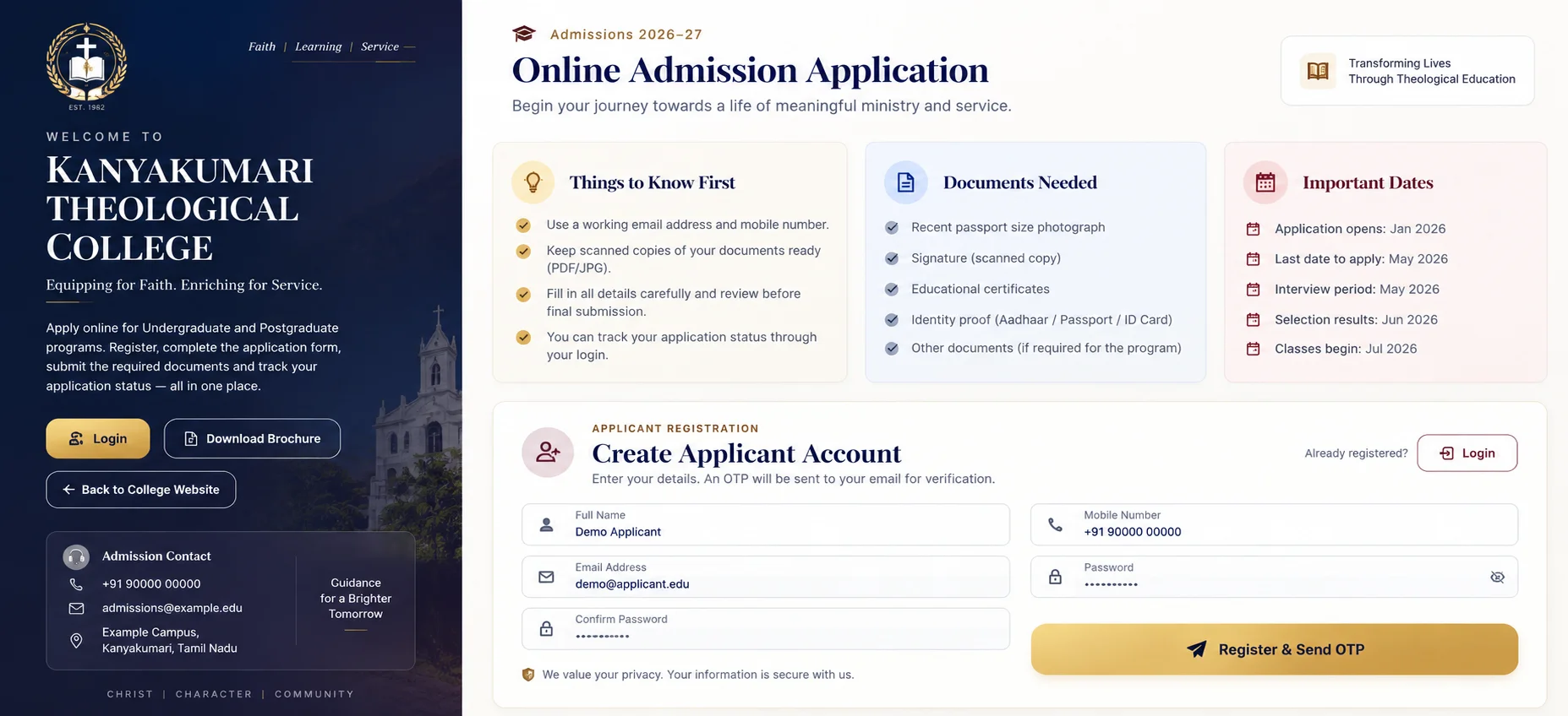 Kanyakumari Theological College Website & Admission System